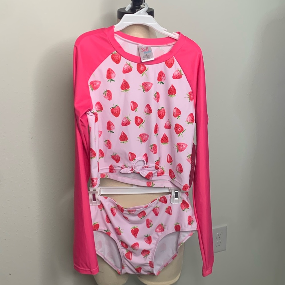 SOL Swim 2 pcs Pink strawberry design long sleeve swim top upf 50+ girls size 16